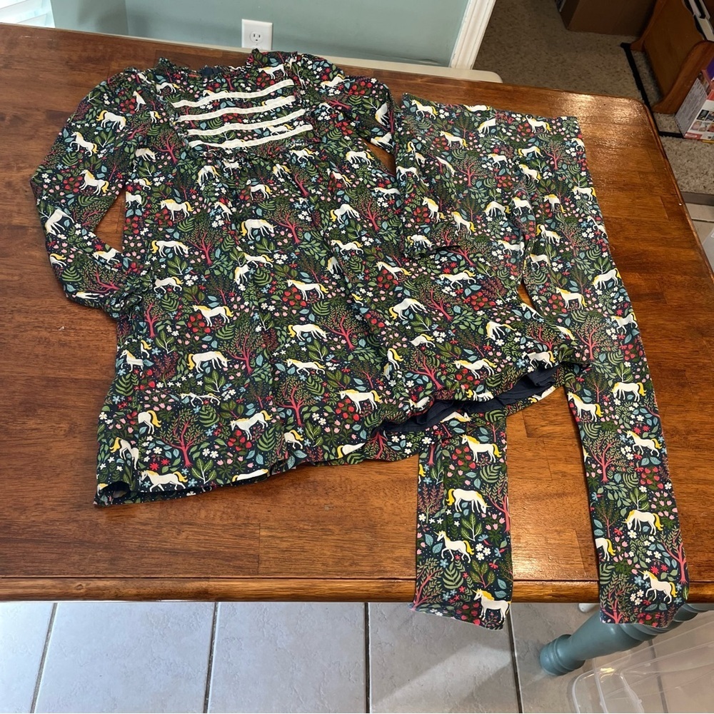 Mini Boden Navy Magical Forest Unicorn Print dress leggings size 12-14 navy